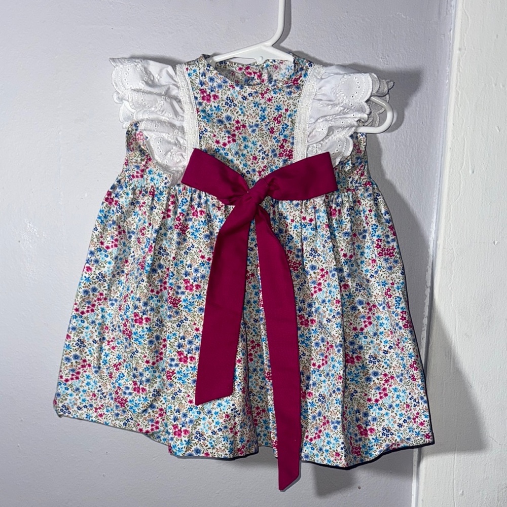 Floral Dress with Red Bow and White Lace 18m